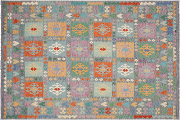 Flat Weave Kilim, Antique, Navaho, Vintage, Handmade, Geometric Kilim Gray Blue Hand-Woven Rectangle 100% Wool Area Rug 7 x 10